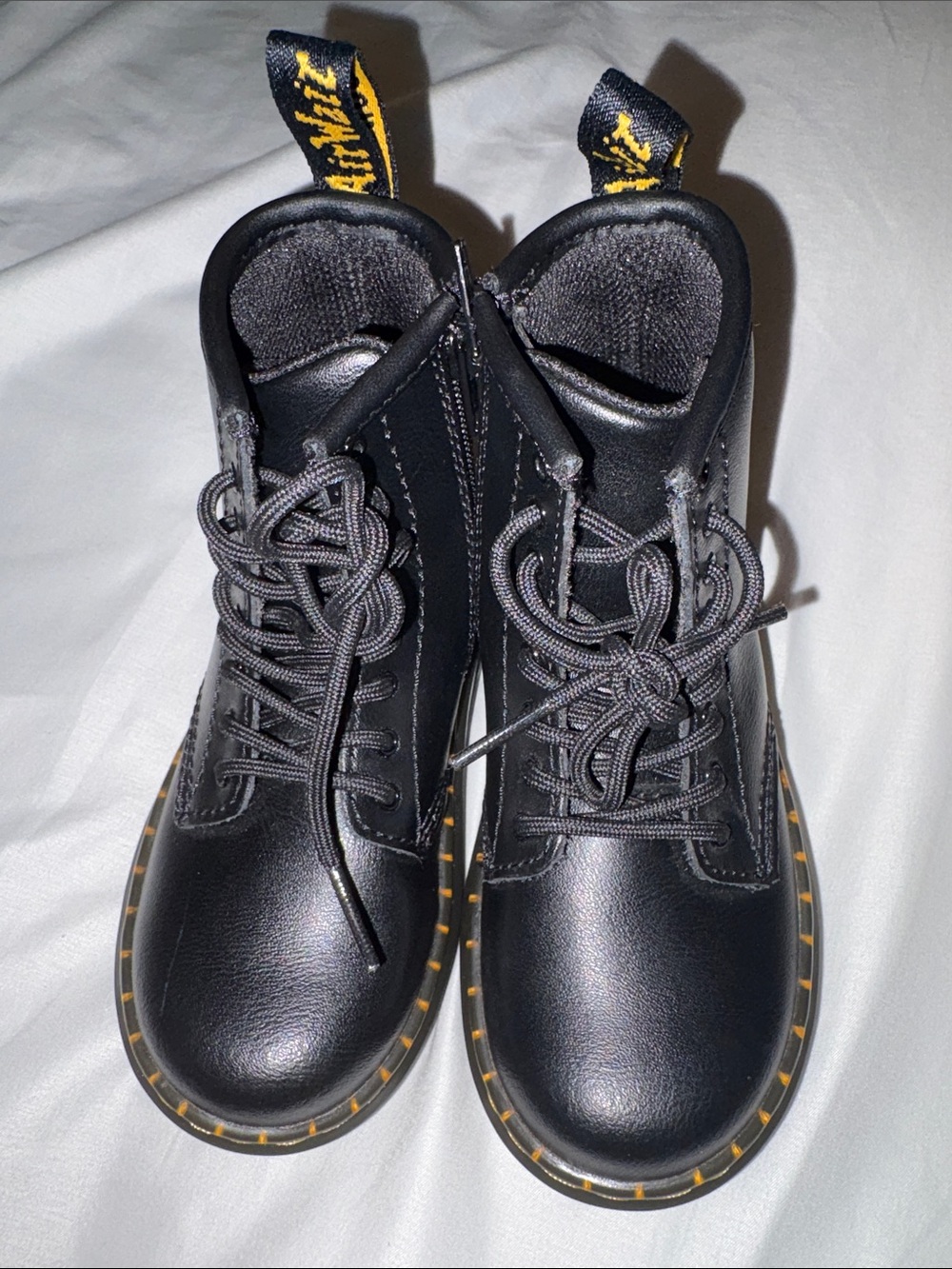 Dr. Martens Kids Black Lace-Up Boots with Yellow Stitching